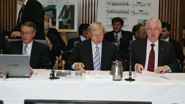 Wayne Swan, former PM Kevin Rudd and Terry Moran