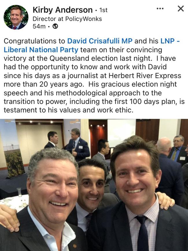 Labor lobbyist Kirby Anderson was pre-emptively flirting with the conservative side of politics by bringing former Brisbane LNP Lord Mayor graham quirk on board. Chooks