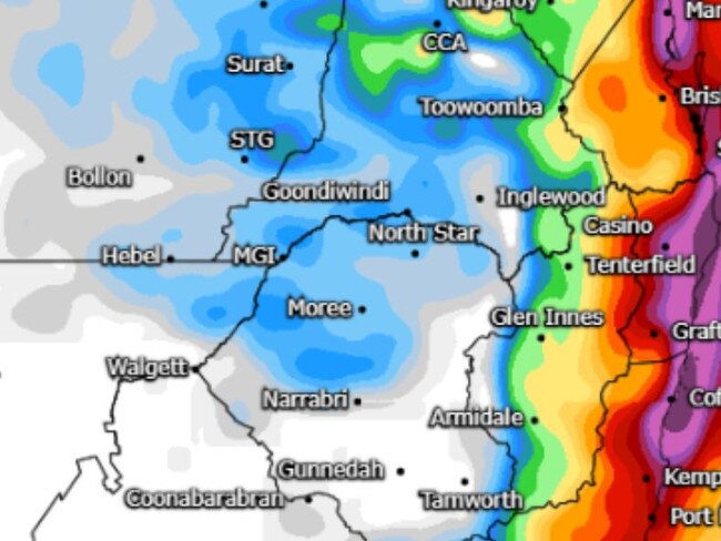 Accumulated rainfall totals for NSW from the GFS Model.