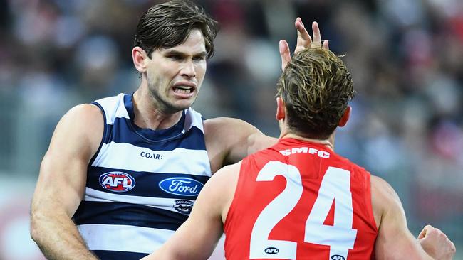 Tom Hawkins can accept a two-week ban for his barney with Swan Dane Rampe. Picture: Getty Images