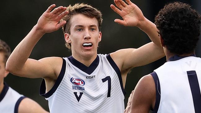 Judson Clarke of Vic Country celebrates a goal during the Under 19 trial match.