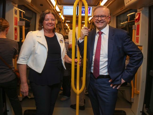 The Prime Minister, Anthony Albanese, rides light rail last month with the ALP candidate for the seat of Fadden, Letitia Del Fabbro. Picture: Glenn Campbell / NCA Newswire