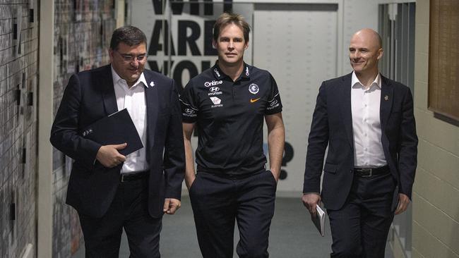 Carlton president Mark LoGiudice, coach David Teague and CEO Cain Liddle. Picture: Michael Klein