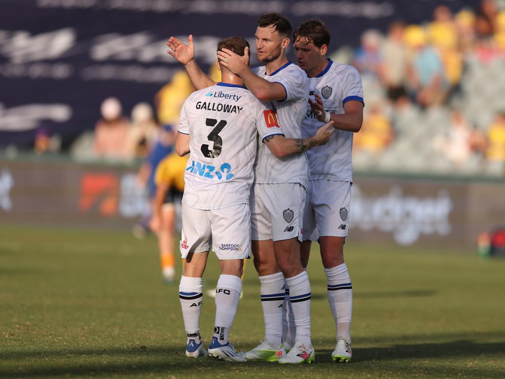 Auckland FC players celebrate their win during the round 10 A-League Men match between Central Coast Mariners and Auckland FC at Industree Group Stadium, on December 28, 2024, in Gosford, Australia. Picture: Scott Gardiner/Getty Images