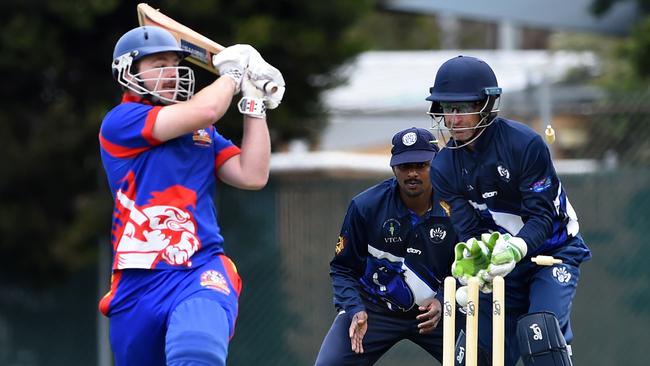 Aaron Briscoe is bowled by Kaushal Lokuarachchi. Picture: Steve Tanner