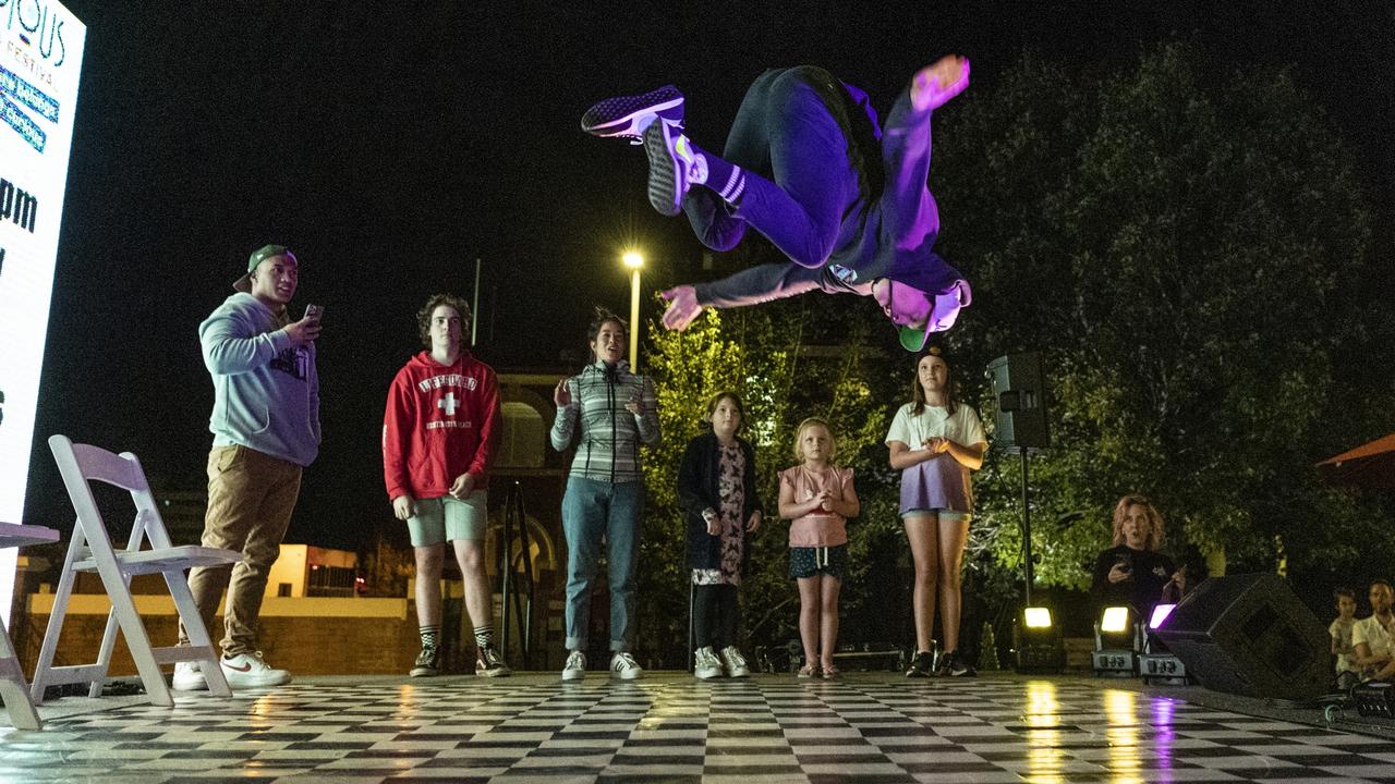 Sam Evans gets air as The Elements Collective host a break dance battle at the Curious Arts Festival at Empire Theatres, Saturday, April 2, 2022. Picture: Kevin Farmer