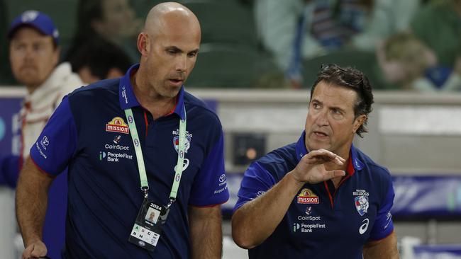 Western Bulldogs coach Luke Beveridge (right) with club football operations boss Matt Egan during the Bulldogs’ surprise loss to Hawthorn on Sunday. Picture: Michael Klein