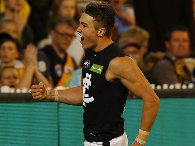Patrick Cripps celebrates a goal in Carlton’s Round 1 loss. Picture: Wayne Ludbey