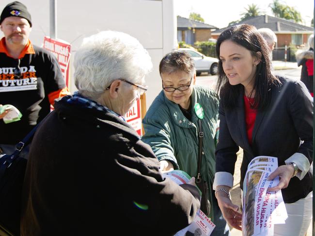 ALP Candidate Emma Husar greets voters at Bennett Road Public School, Colyton in the Western Suburbs of Sydney. Picture: Jenny Evans