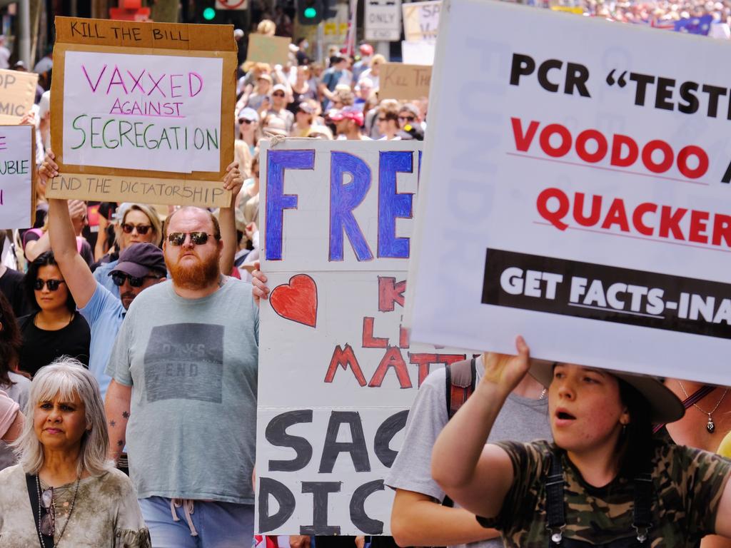 Melburnians' march through the streets in protest against vaccinate mandates and proposed pandemic legislation. Picture: NCA NewsWire / Luis Ascui