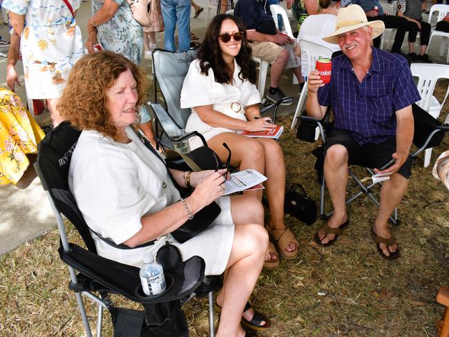 Lisa Holmes, Sarah Holmes and Keith Holmes having an action-packed day at the Ladbrokes Stony Creek Cup on Sunday, March 09, 2025. Picture: Jack Colantuono