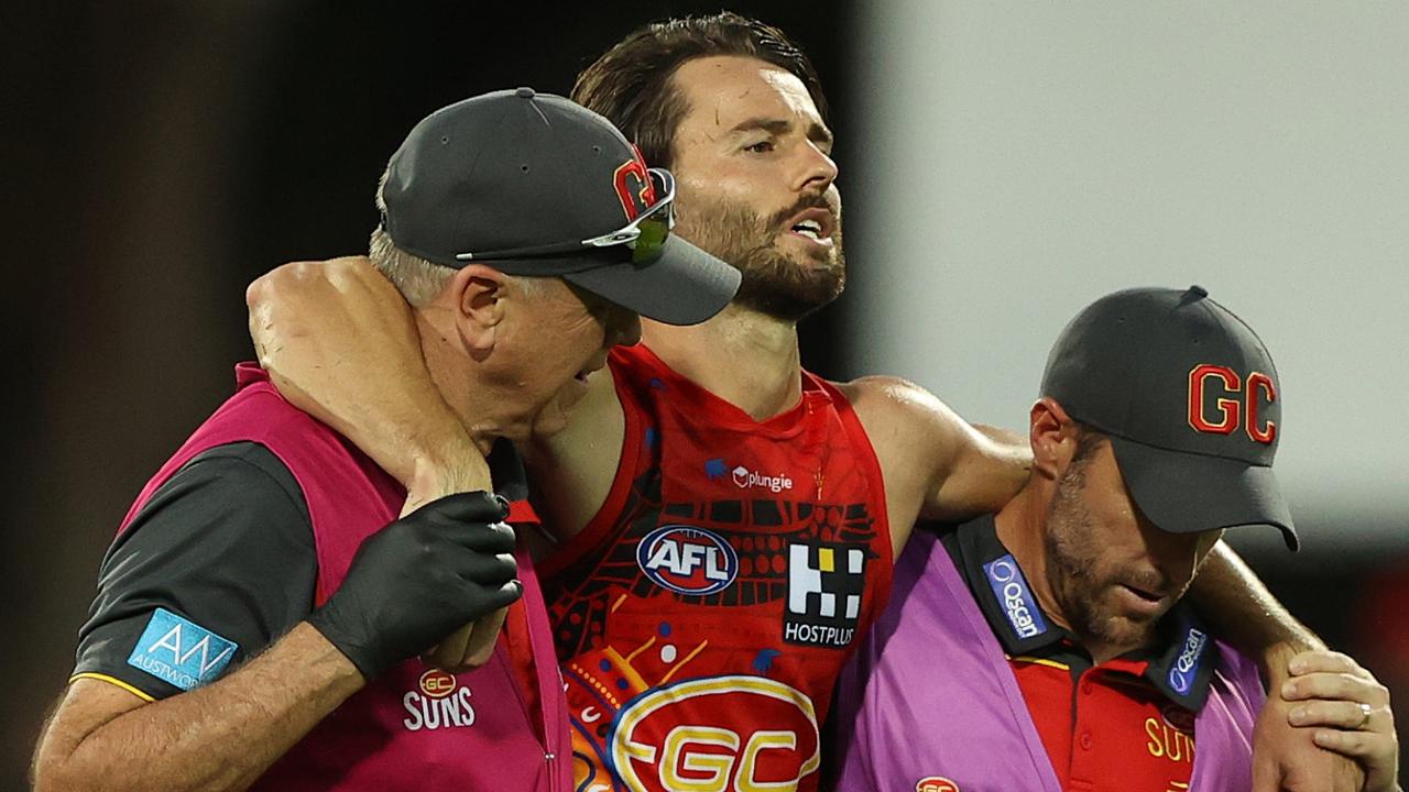 Weller is helped from the field at TIO Stadium. Picture: Robert Cianflone/Getty Images