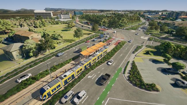 Artist impression of Gold Coast Light Rail Stage 4 between Tugun and Coolangatta, including Gold Coast Airport and the NSW border. Picture: Department of Transport and Main Roads.