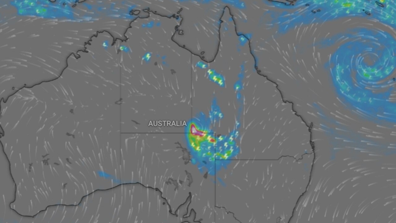 Intense rainfall is forecast for some areas as ex-Tropical Cyclone Kirrily continues to wreak havoc on Queensland. Picture: Windy.com