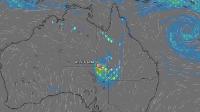 Intense rainfall is forecast for some areas as ex-Tropical Cyclone Kirrily continues to wreak havoc on Queensland. Picture: Windy.com