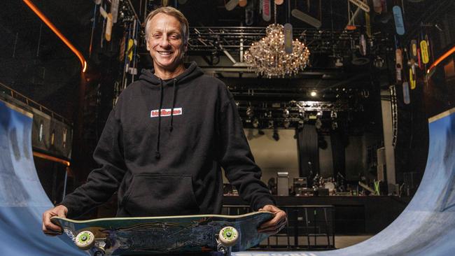 Hawk on a custom-built, three-metre skate "vert ramp" that's been set up on the floor at The Fortitude Music Hall in Brisbane. Glenn Hunt / The Australian