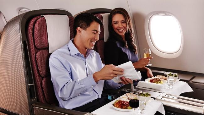 Business Class SkyBed seats aboad a Qantas A380.