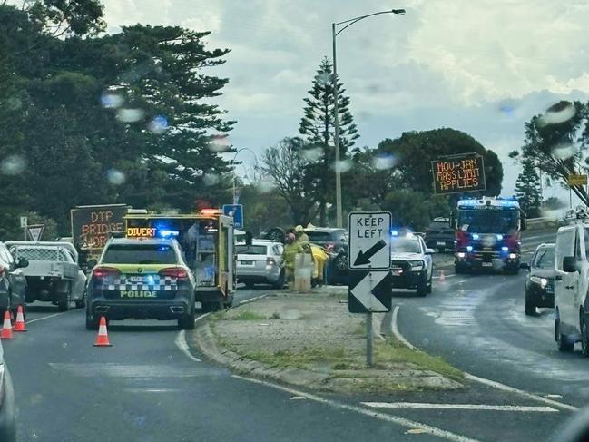 Emergency services at the scene of the two-car crash on Phillip Island road and the Bergin Grove intersection in San Remo on Wednesday afternoon. Picture: Facebook/Kim Frost