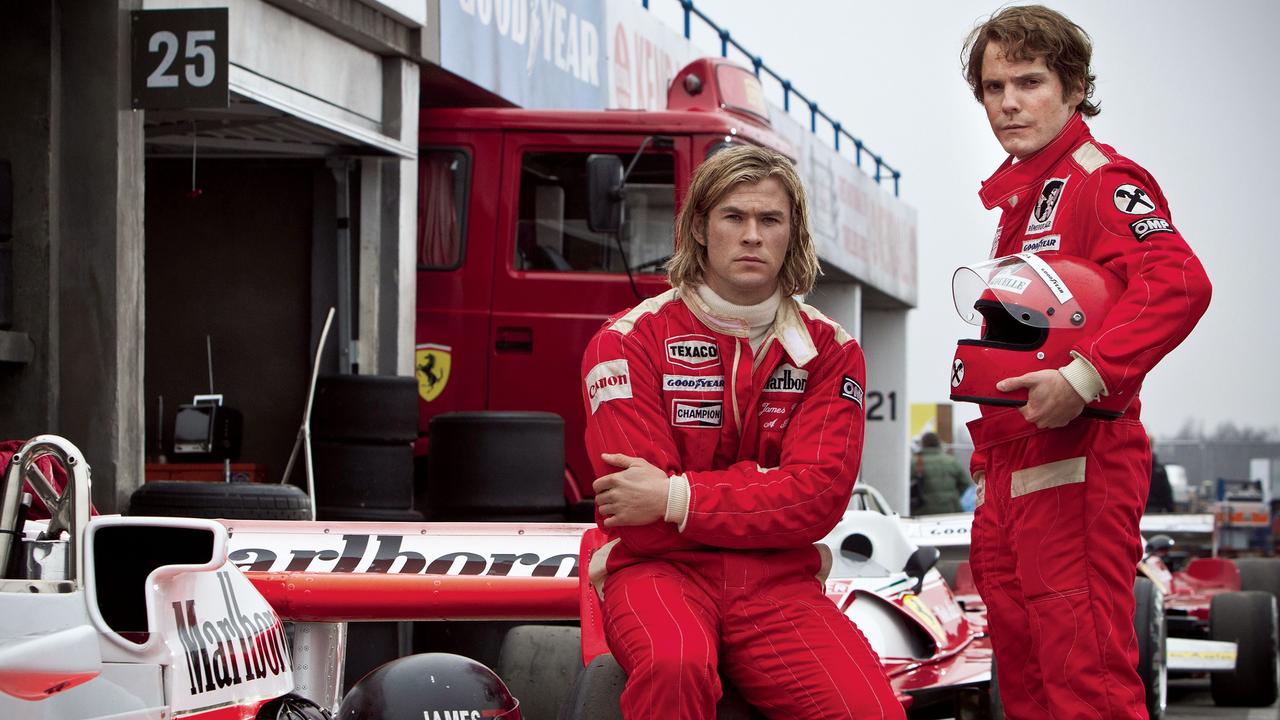 Hemsworth as James Hunt and Daniel Bruhl as Niki Lauda in Rush.