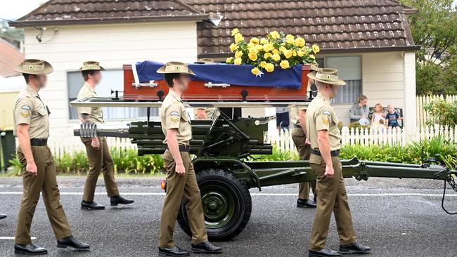 The casket of Lance Corporal Jack Fitzgibbon was delivered from the church. Picture: NCA NewsWire / Jeremy Piper