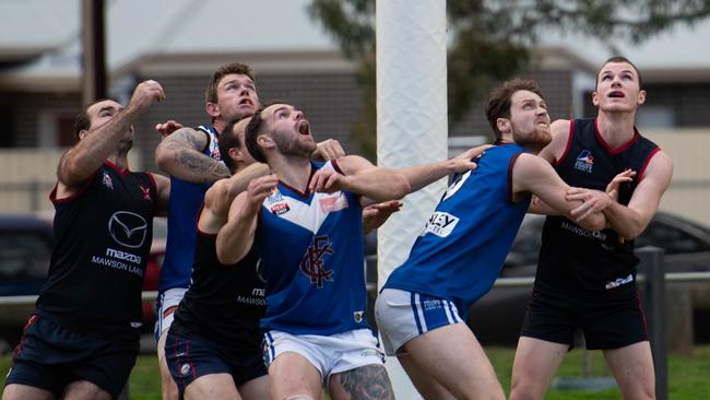 Action from the Kenilworth and Pooraka game at Lindblom Park on Saturday. Picture: Christine Brown