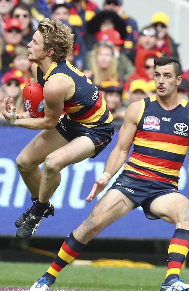 Crows vice-captain Rory Sloane marks in front of Taylor Walker. Picture: Sarah Reed