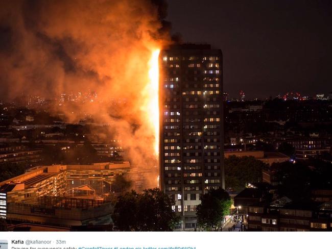 More than 70 people lost their lives in the Grenfell Tower fire. The cladding was subsequently banned. Picture: @kafianoor / Twitter