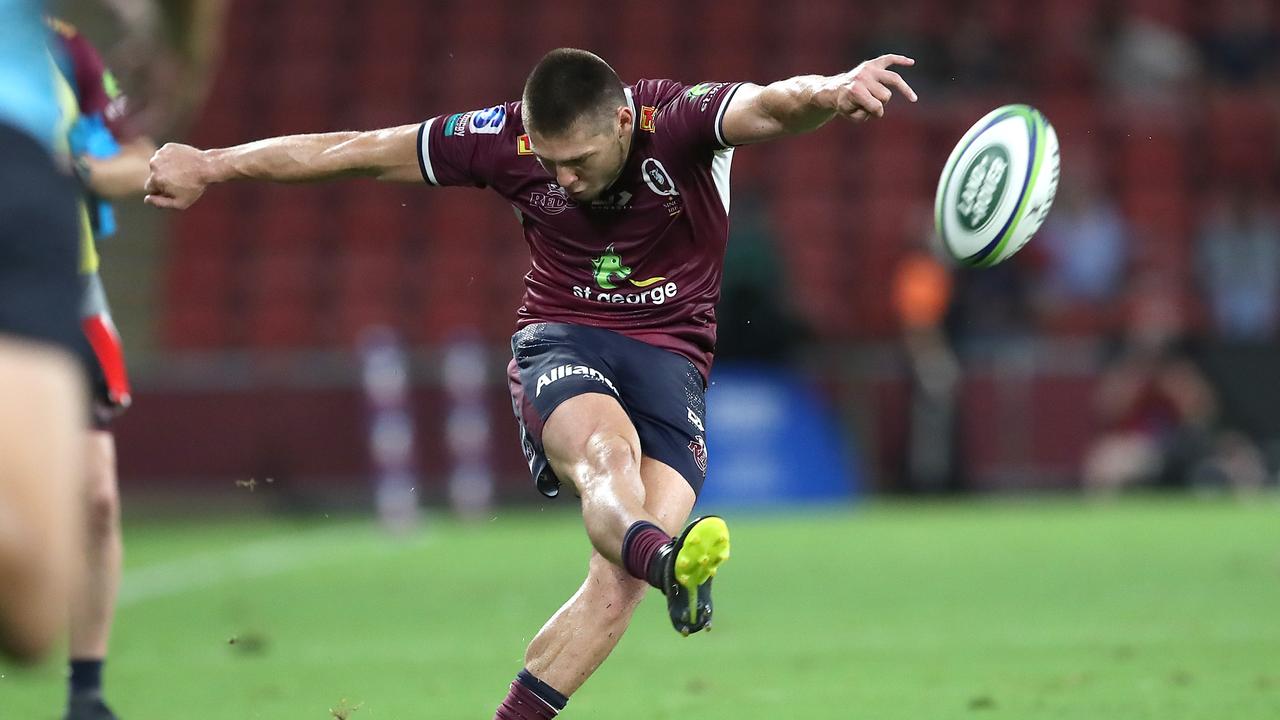 James O'Connor kicks a goal for Queensland against the Waratahs. Picture: Jono Searle/Getty Images)