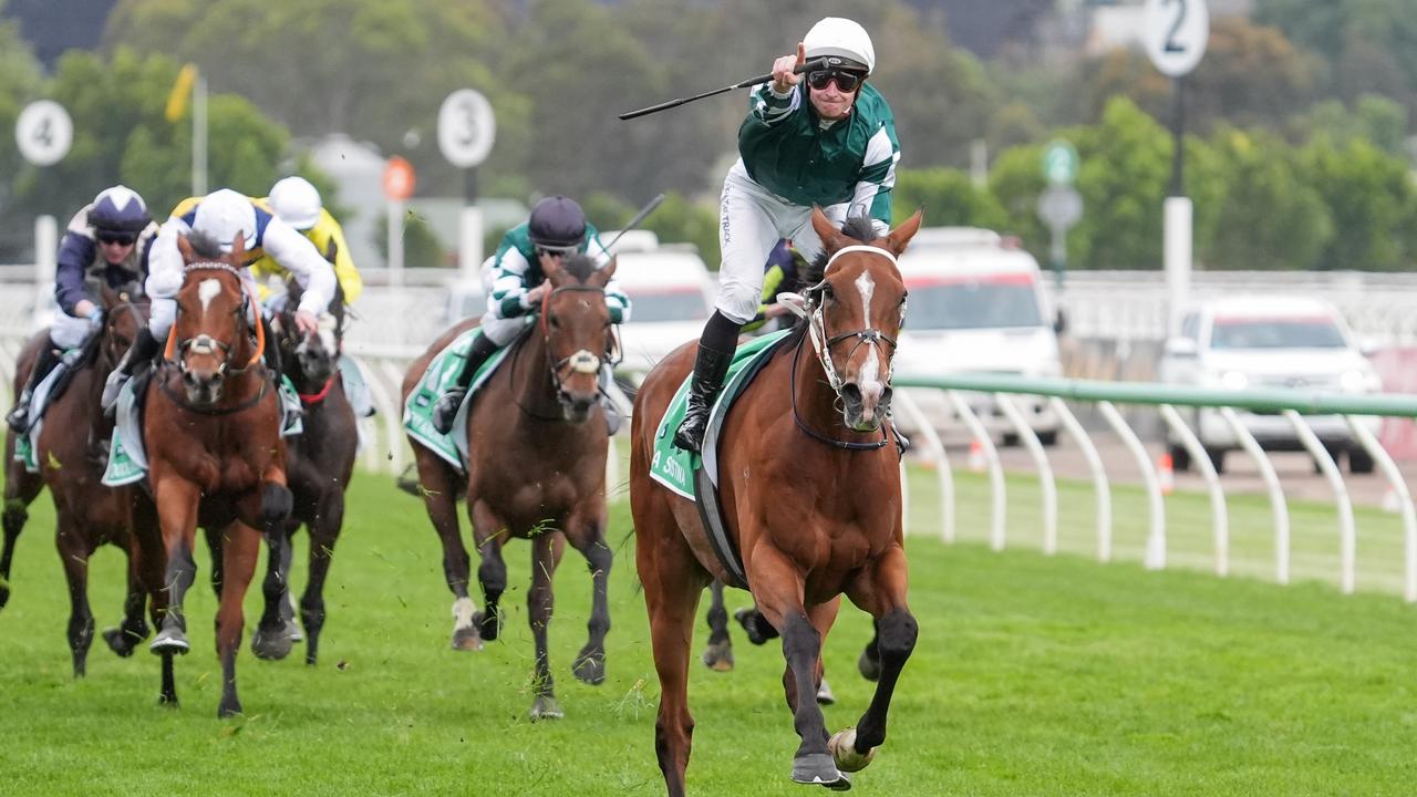 Via Sistina winning the Champions Stakes at Flemington on Saturday. Photo: Jay Town/Getty Images.