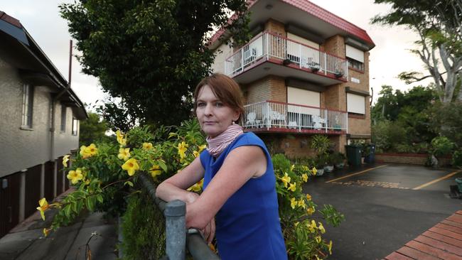 Linda Somers, who lost her home in Sydney after the work of a dodgy independent broker, in front of the small unit she now rents at a reduced price because she cares for the owners cat, at Nundah, Brisbane. Picture: Lyndon Mechielsen