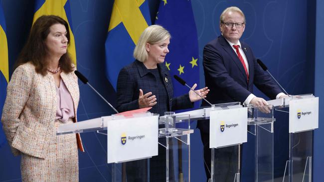 (L to R) Sweden's Foreign Minister Ann Linde, Prime Minister Magdalena Andersson and Defence Minister Peter Hultqvist hold a press conference on the gas leak. Picture: AFP.