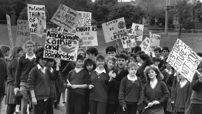 Students from Chadstone High protest at the planned closure of their school in 1987.