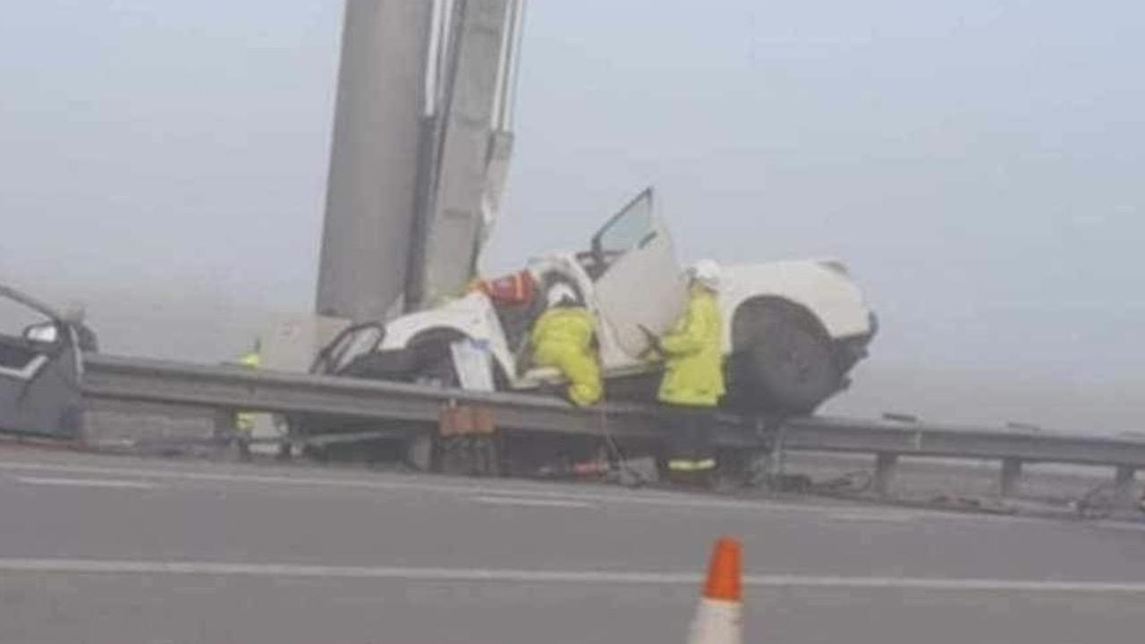 A male patient has been freed from his car after it struck a pole on the Burdekin Bridge last month. Picture: Supplied