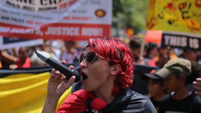 Protesters participate in an ‘Invasion Day’ rally in Sydney on Australia Day last year. Picture: Steven Saphore