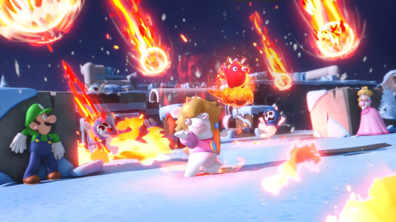 Why yes, that is a Peach Rabbid summoning a meteorstorm onto a battlefield. Picture: Ubisoft