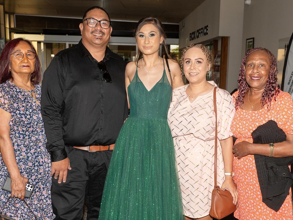 Dinah Tetley, James Heron, Jasmine Heron, Andrea Heron and Petronella Bird at Mackay Christian College Graduation dinner, Thursday 16 November 2023 Picture:Michaela Harlow