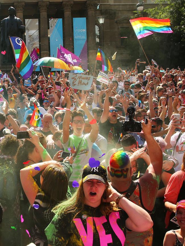 The Yes result sparks wild celebrations at the State Library in Melbourne. Picture: Getty