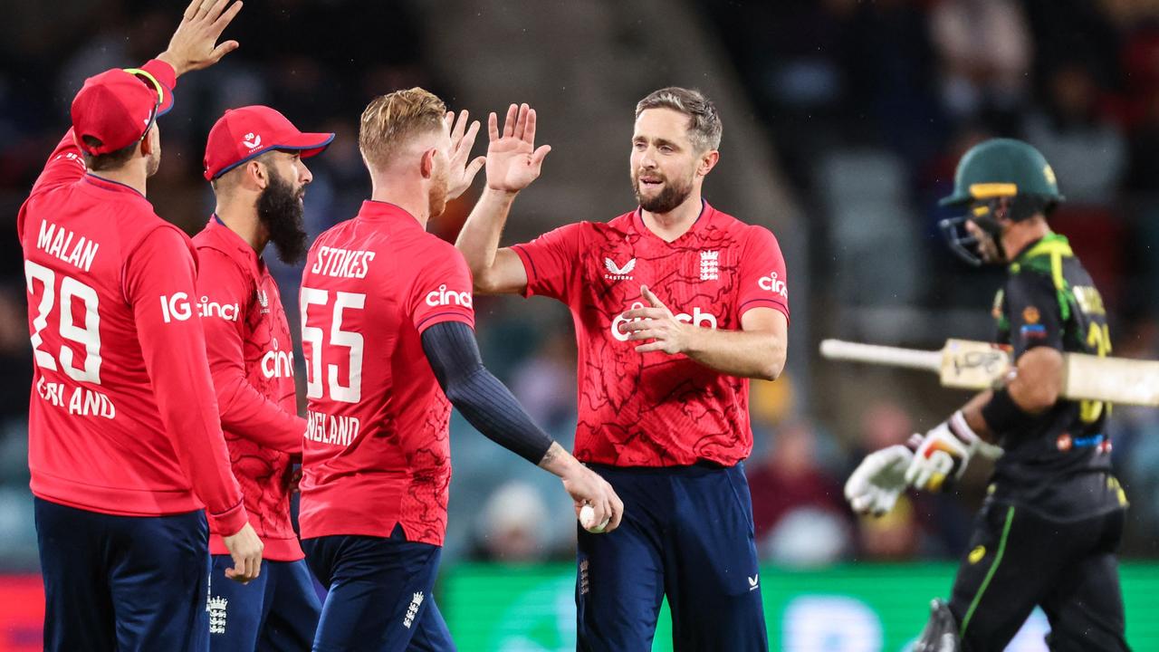 English players celebrate the removal of Glenn Maxwell in a warm-up game.