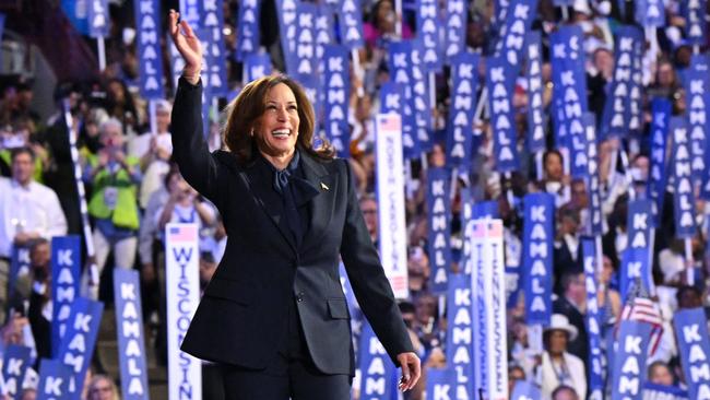 Kamala Harris waves as she arrives to speak on the fourth and last day of the Democratic National Convention. Picture: AFP