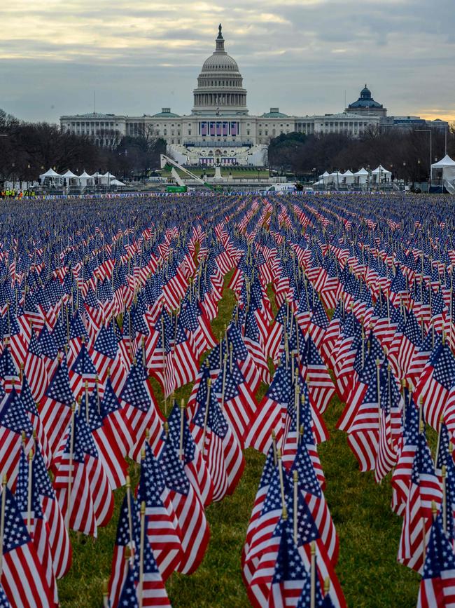 Thousands of flags decorated the National Mall in place of crowds for the inauguration ceremony. Picture: Eric Baradat