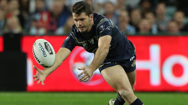 Cowboys Lachlan Coote knocks on the ball. The North Queensland Cowboys vs the Cronulla Sharks at Allianz Stadium in Sydney. Pic Peter Wallis