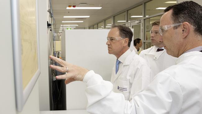 Health Minister Greg Hunt visits the National Biologics Facility at the University of Queensland where phase 1 of clinical trials are under way. Picture: NCA NewsWire / Sarah Marshall