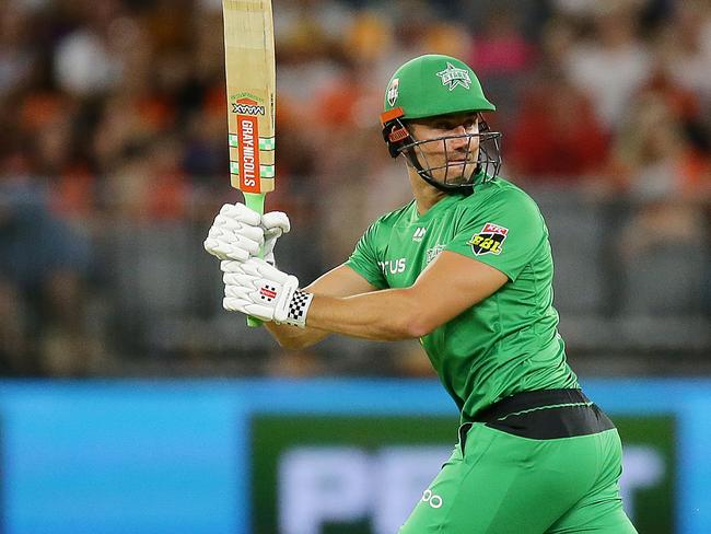 Marcus Stoinis hits out against the Perth Scorchers at Optus Stadium.