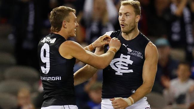 Patrick Cripps and Harry McKay celebrate a goal for the Blues. Picture: Getty Images