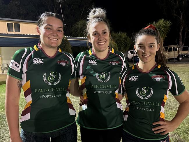 Frenchville 7s player Amber Shephard (left) and teammates and co-coaches Jess Allen and Sydney Corcoran are looking to score three straight premierships together.