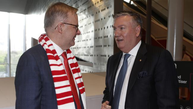 Prime Minister Anthony Albanese pictured with Eddie McGuire at the North Melbourne grand final breakfast. Picture: Valeriu Campan