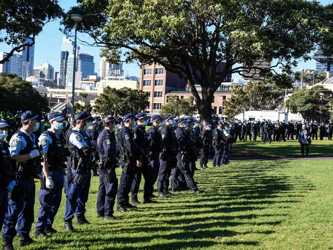 Police line up during last weekend’s anti-lockdown protest. Picture: NCA NewsWire/Flavio Brancaleone