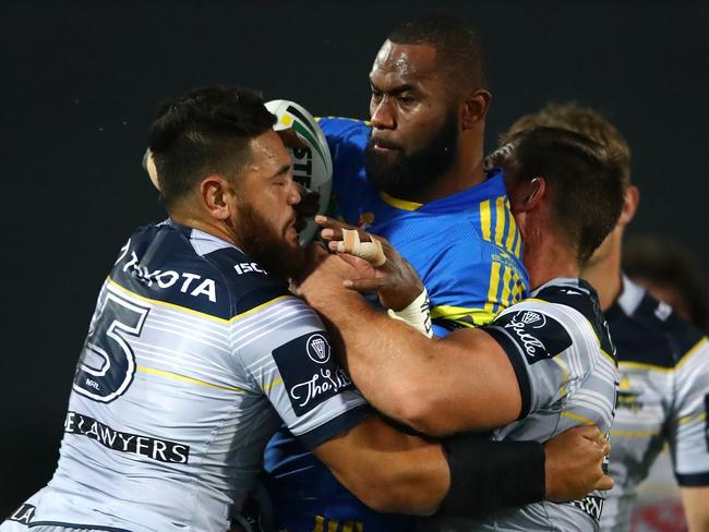 Semi Radrada is tackled during Parramatta’s heavy loss to the North Queensland Cowboys in Darwin last weekend. Picture: Getty Images