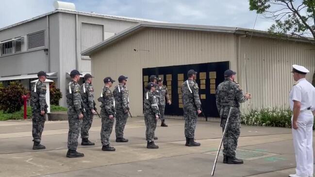 HMAS Cairns regiment falls out after parade to rehearse for Ceremonial Sunset. Video: Catherine Duffy