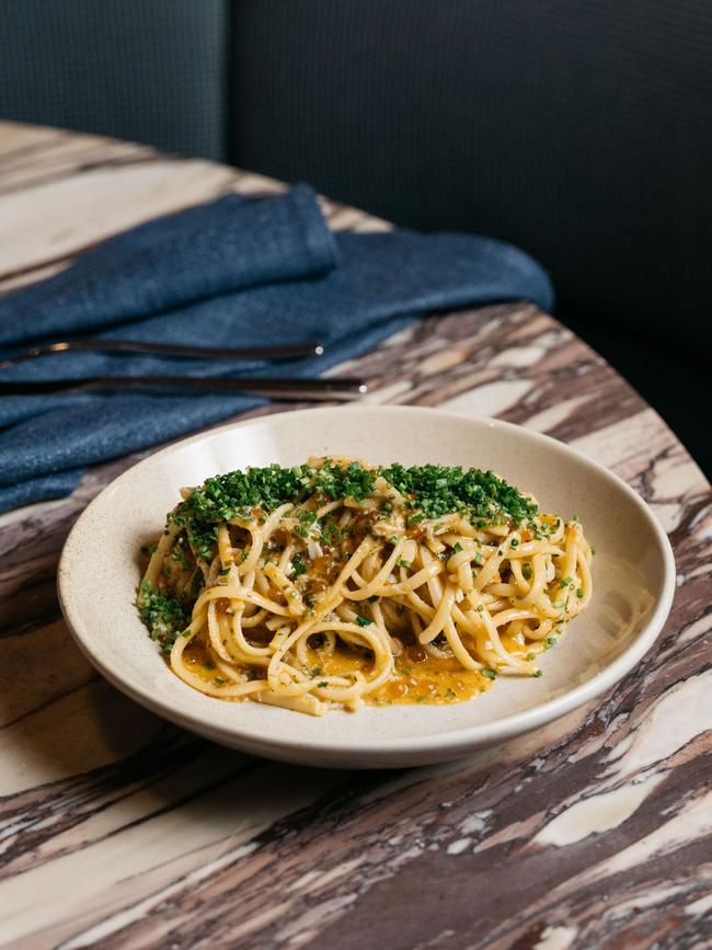 Taglierni with blue swimmer crab at Fugazzi, Adelaide.